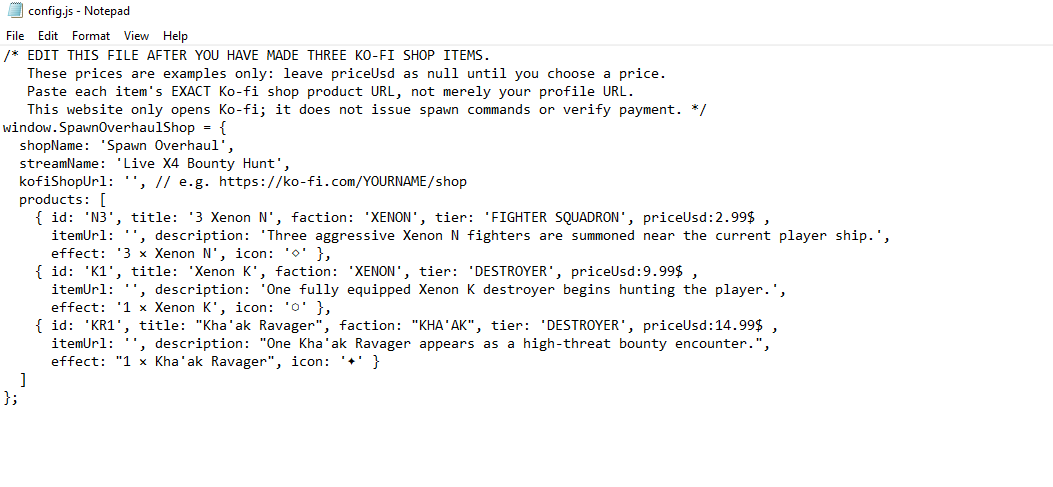 Example config.js editing screenshot